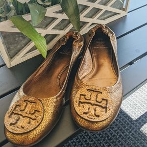 Tory Burch Gold Pebbled Leather Reva Ballet Flats